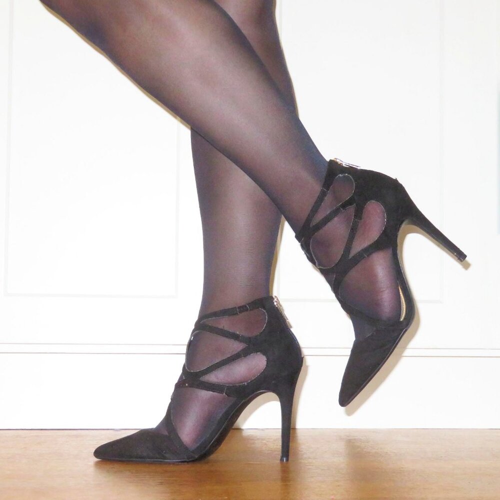 USED Jessica Simpson Pamira Black Caged Stiletto Suede Pump Strappy Heels US 8.5 - Picture 6 of 15